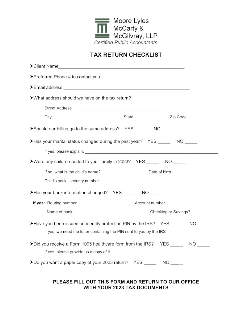 Tax Return Checklists Page 1