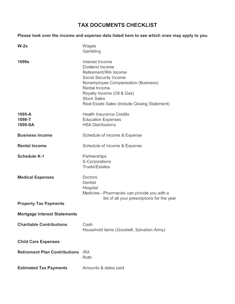 Tax Return Checklists Page 2